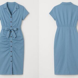 Micas Women's Belted Midi Ruched Front Short Sleeve Bodycon Dress